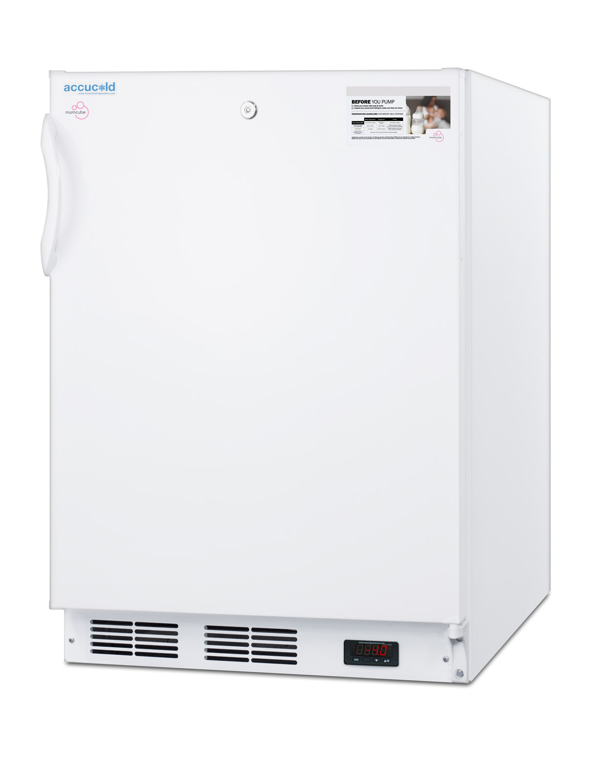 ADA compliant MOMCUBE all-freezer for storage of breast milk, with manual defrost, front lock, and reversible door